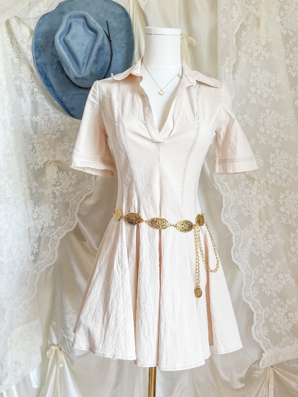 Zara Cream Fit and Flare Mini Dress Collared Clean Girl Euro Summer